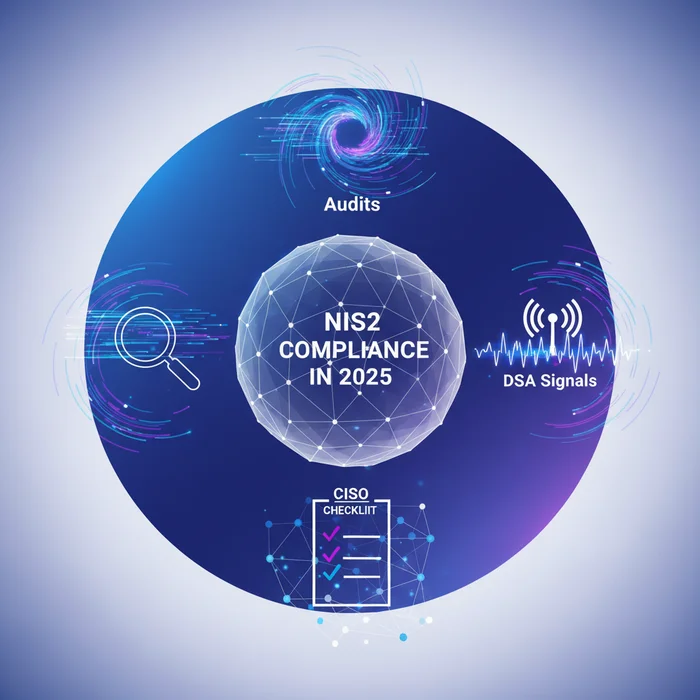 NIS2 Compliance in 2025 Audits DSA Signals and : Key visual representation of nis2, dsa, gdpr
