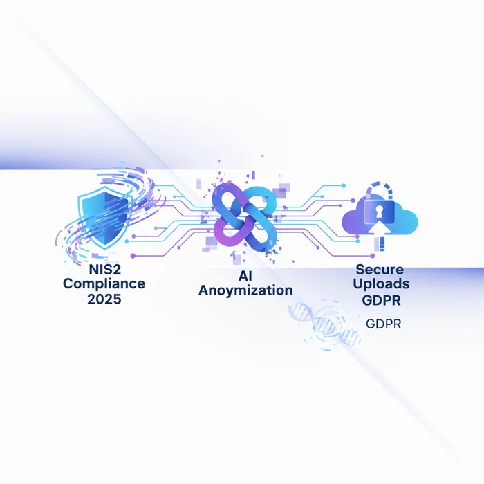 NIS2 Compliance 2025 GDPR AI Anonymization  Sec: Key visual representation of NIS2, GDPR, EU compliance