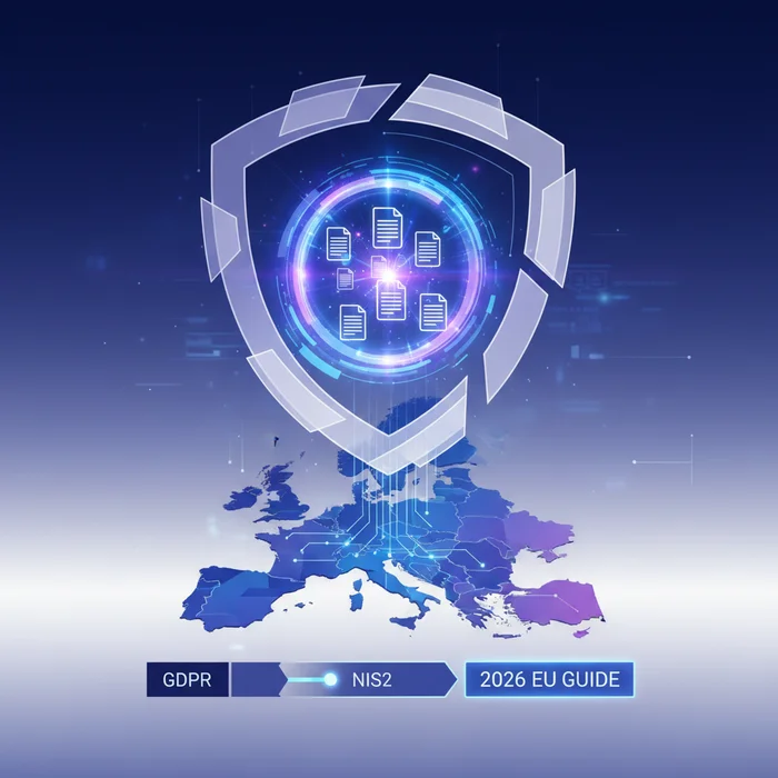 Secure Document Upload for GDPR  NIS2 2026 EU Gu: Key visual representation of GDPR, NIS2, DORA