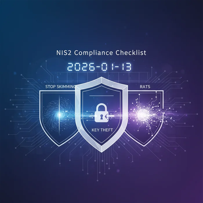NIS2 Compliance Checklist Stop Skimming Key Thef: Key visual representation of NIS2, compliance, EU