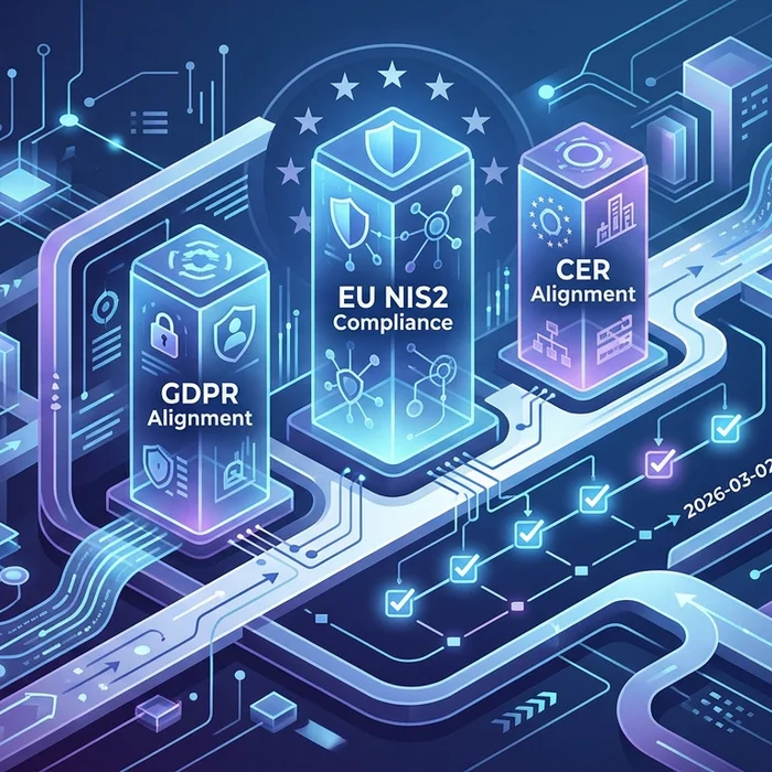 EU NIS2 Compliance Checklist 2026 GDPR  CER Alig: Key visual representation of NIS2, GDPR, CER directive
